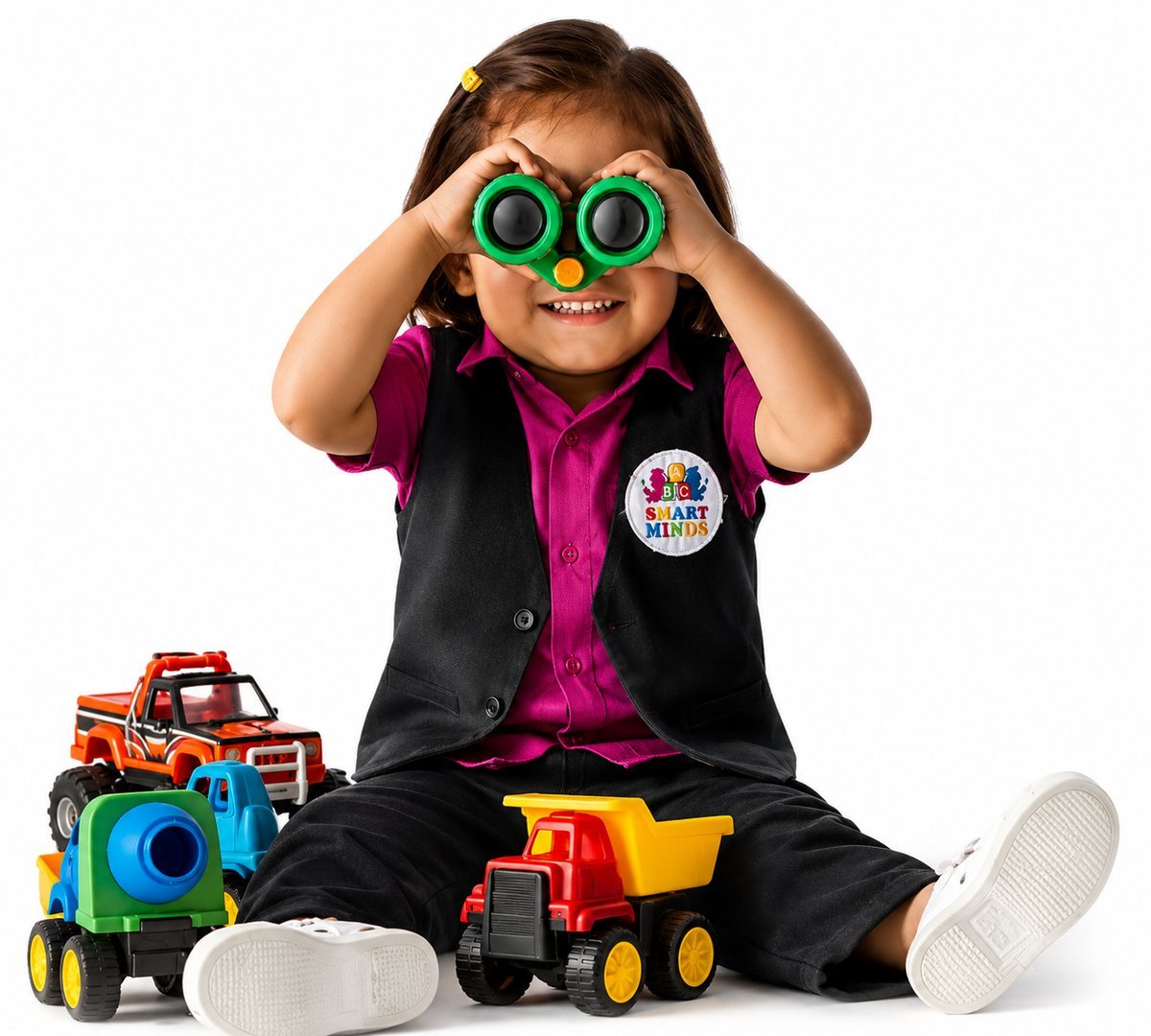 A curious preschooler exploring with binoculars and toys at Smart Minds